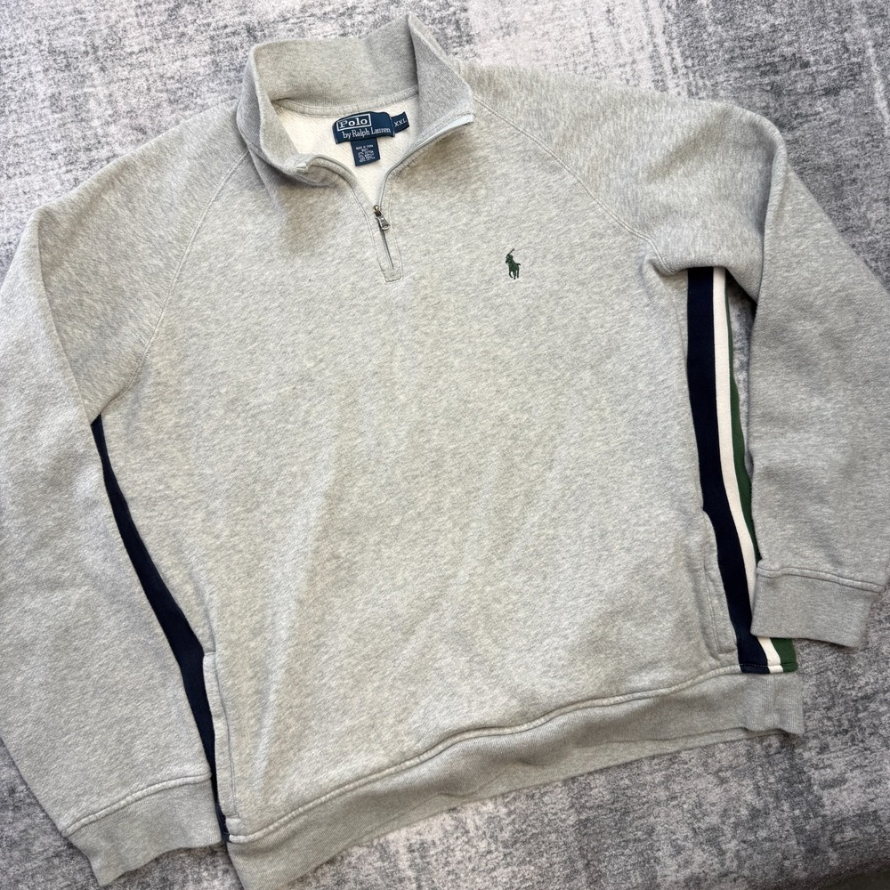 VTG Polo Ralph Lauren Sweatshirt Men 2XL Gray Side Stripes 1/4 Zip Track Sweater
